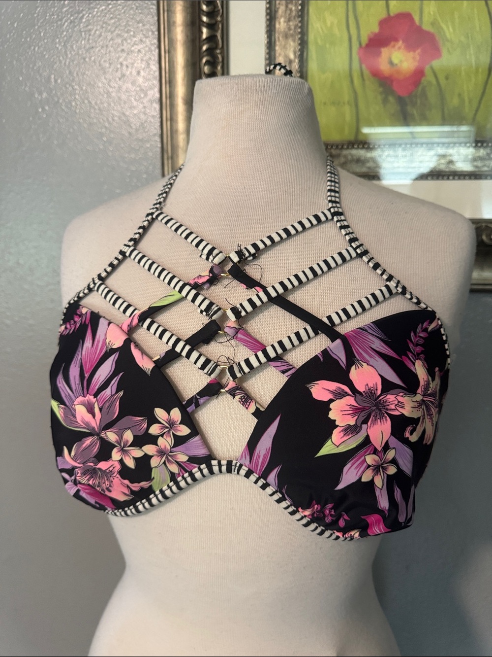 Time and Tru Black Floral Strappy Halter Bikini Top